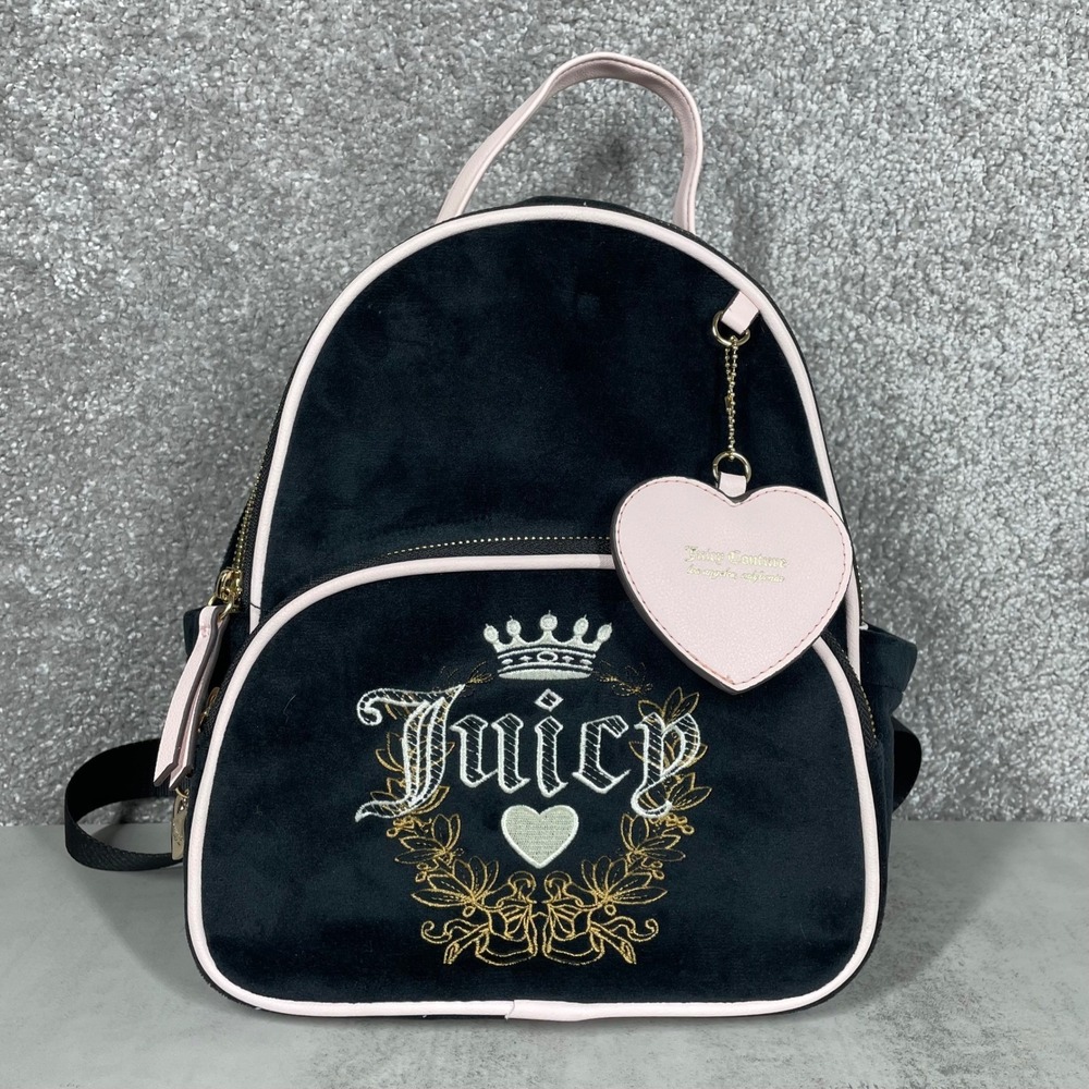 Juicy Couture Velour Backpack Y2K Velvet Mini Black Pink Trim Gothic Logo
